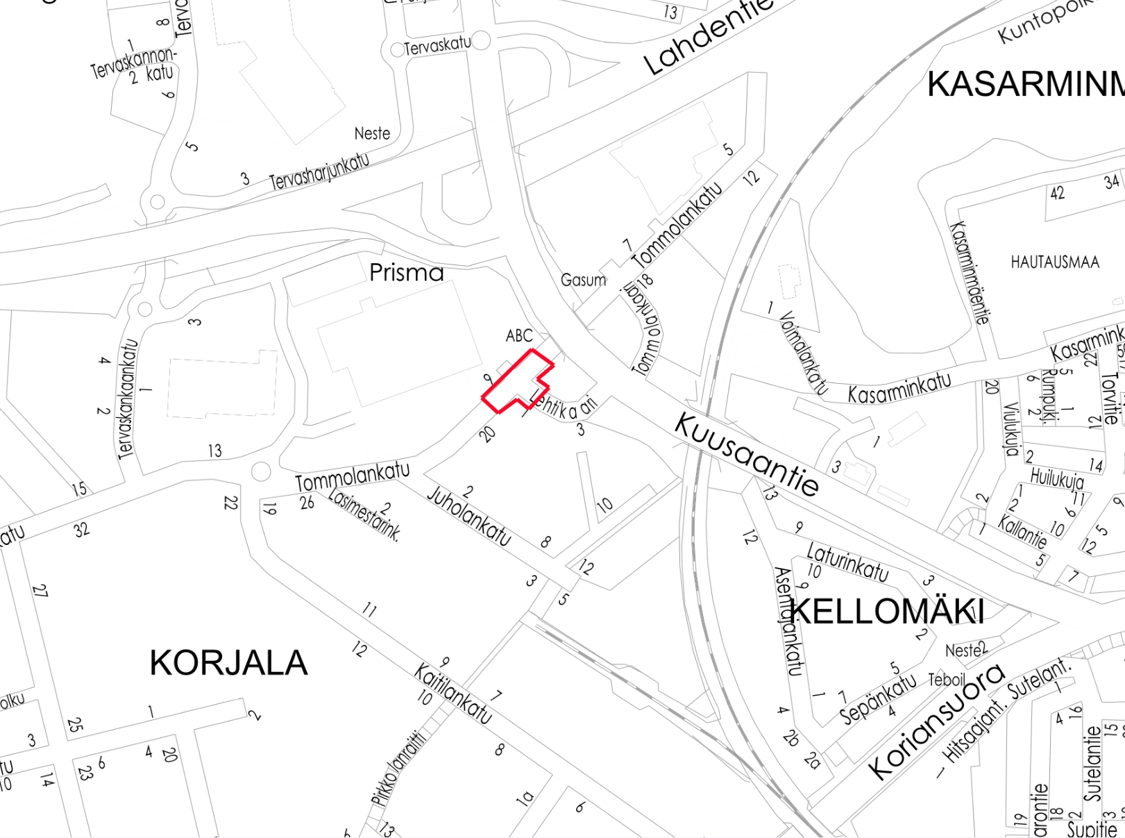 Kartta Tommolankatu-Lehtikaari katusuunnitelma liikenneympyrä