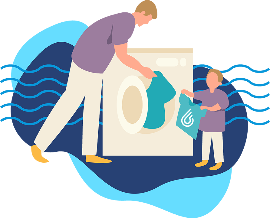 Henkilöhahmo ja lapsi pesevät pyykkiä.