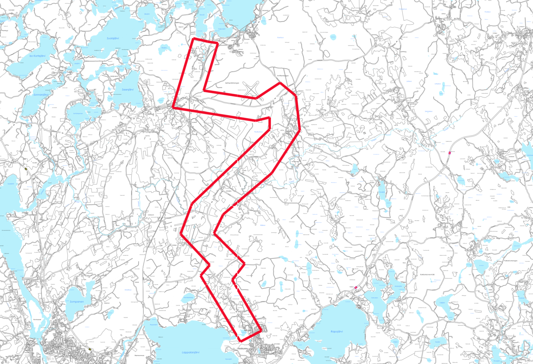 Kartta Selänpää-Valkeala yhdysvesijohdon suunnittelualueesta