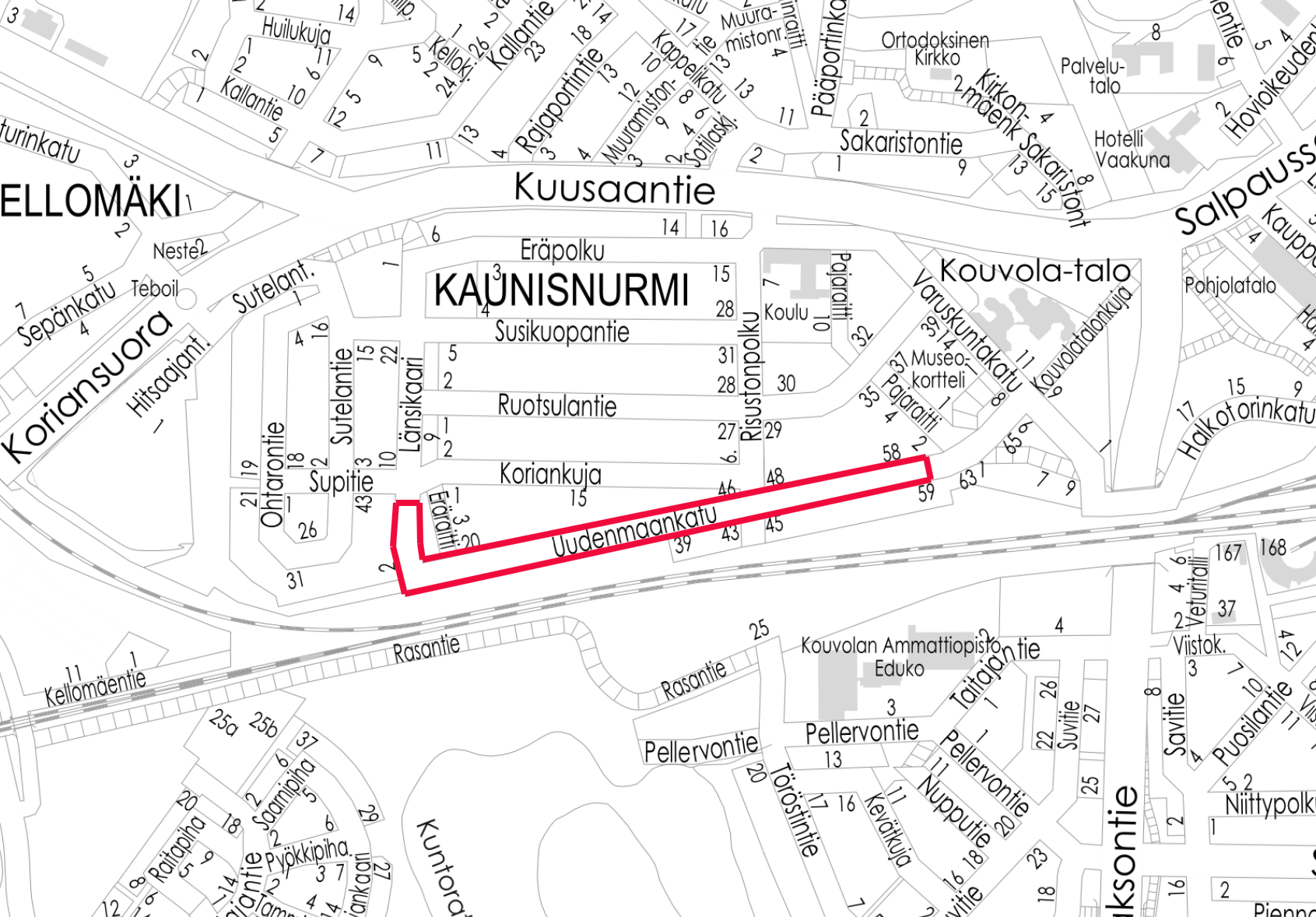 Kartta Kaunisnurmi_Uudenmaankatu suunnittelualueesta