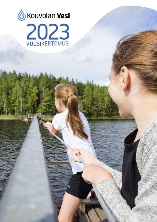 Vuosikertomuksen 2023 kansi, jossa kaksi nuorta vetää kesäisenä päivänä vetolossia vesistön yli Repoveden kansallispuistossa.