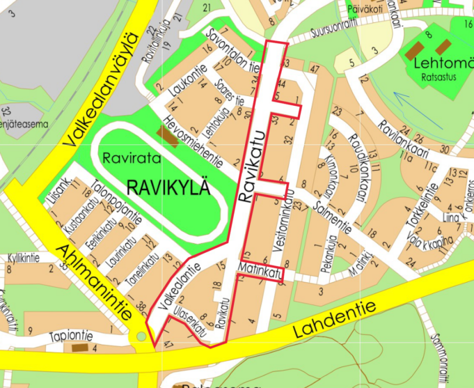 Kartta Ravikylän saneerausalueesta